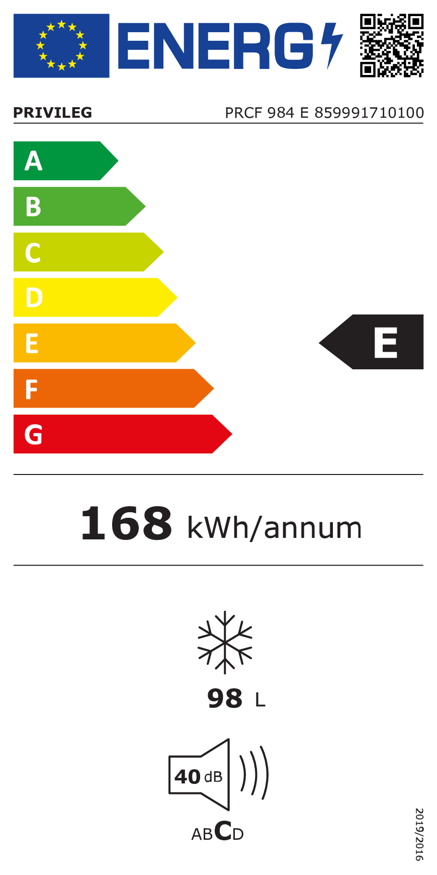 EU-Energieetikett für Privileg PRCF 984 E, Klasse E, 168 kWh/Jahr, 98 Liter und 40 dB Lärm.