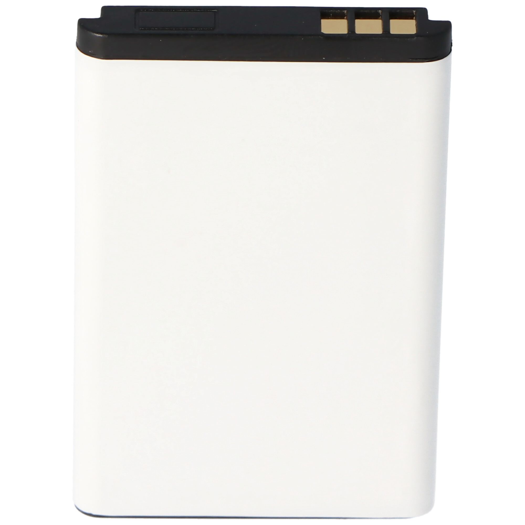Eine rechteckige, weiße Handybatterie mit einem schwarzen Top und drei goldenen Anschlüssen.