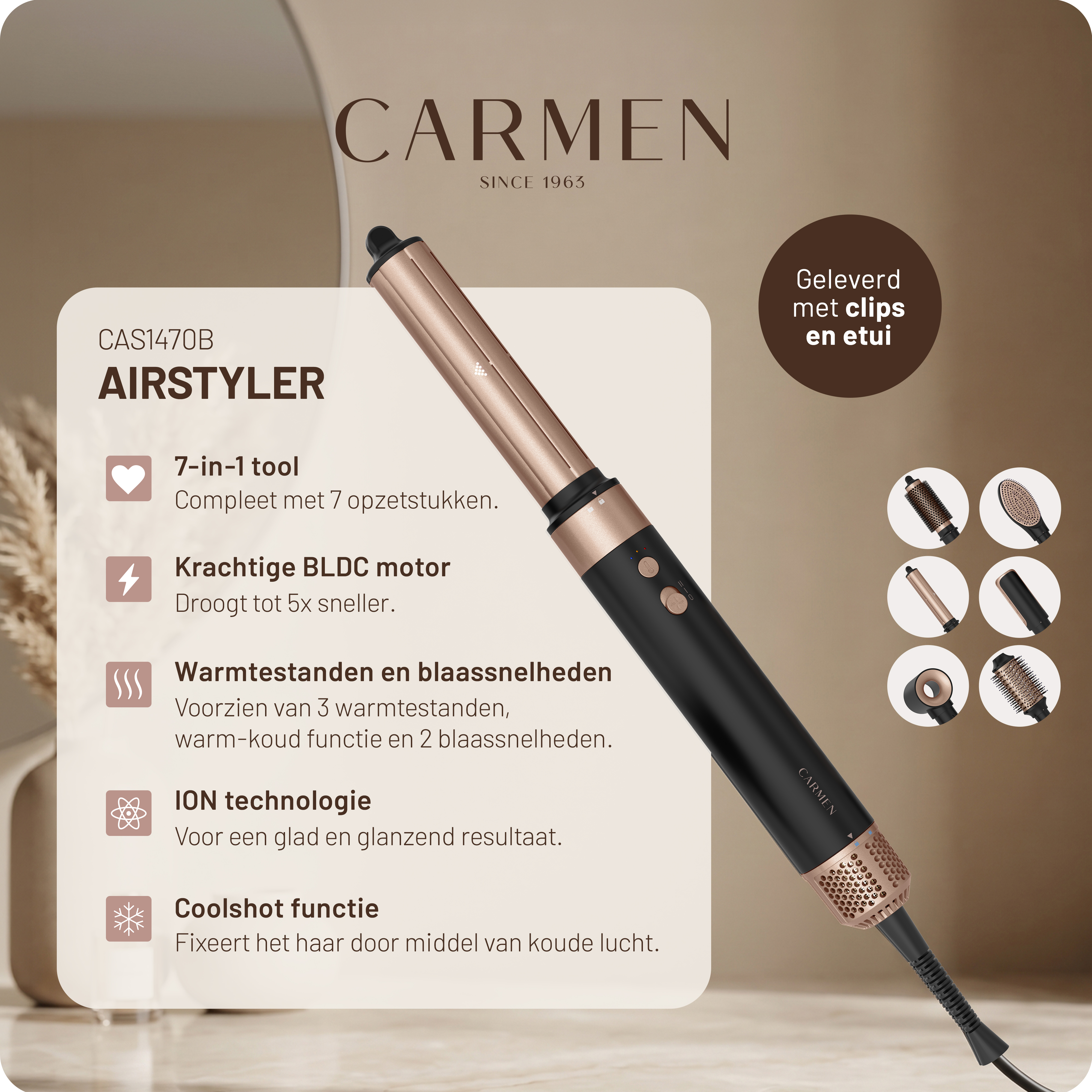 Strumento per lo styling 7-in-1 Carmen Airstyler con accessori su sfondo beige e nero.