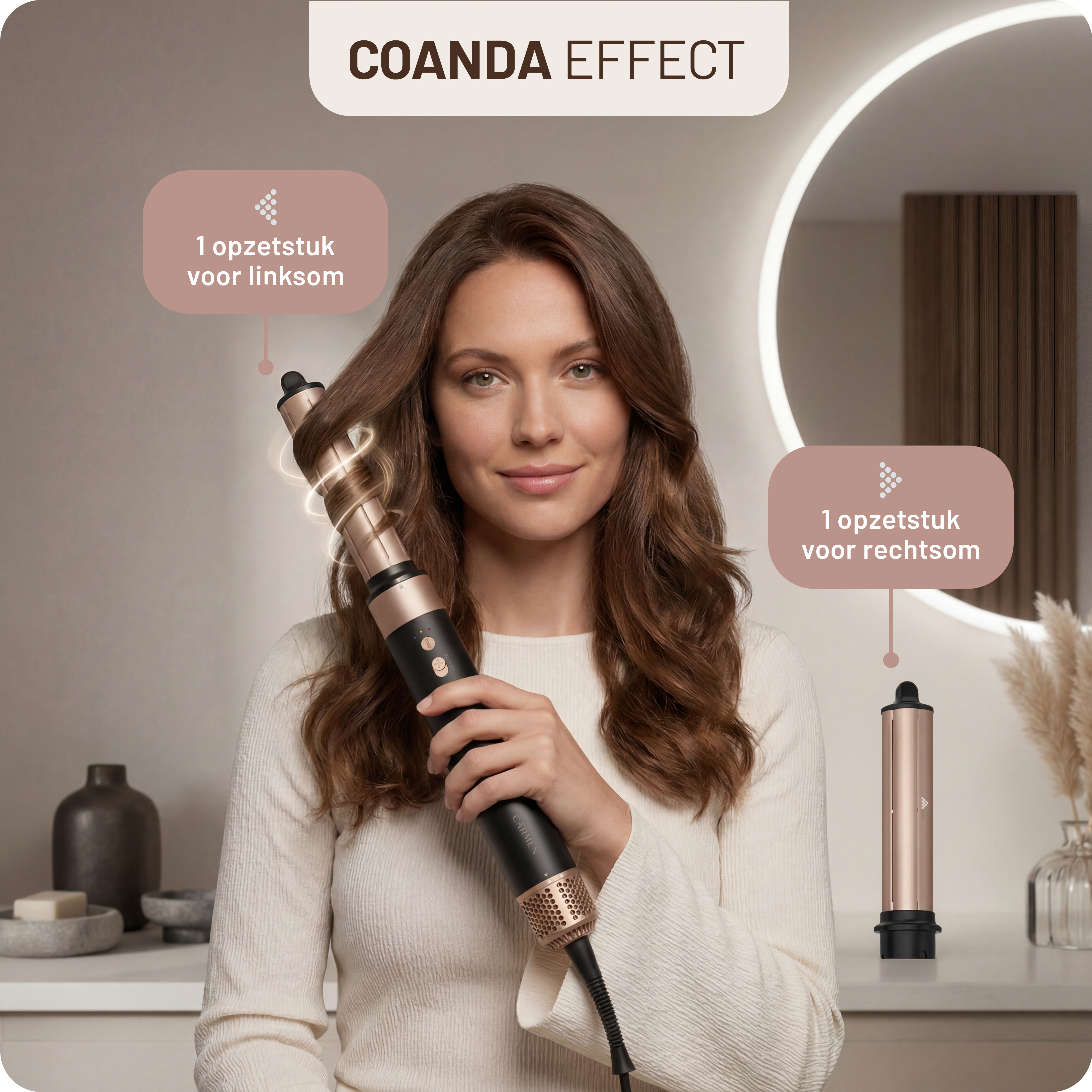 Una donna tiene in mano un arricciacapelli che modella i capelli, con didascalie.