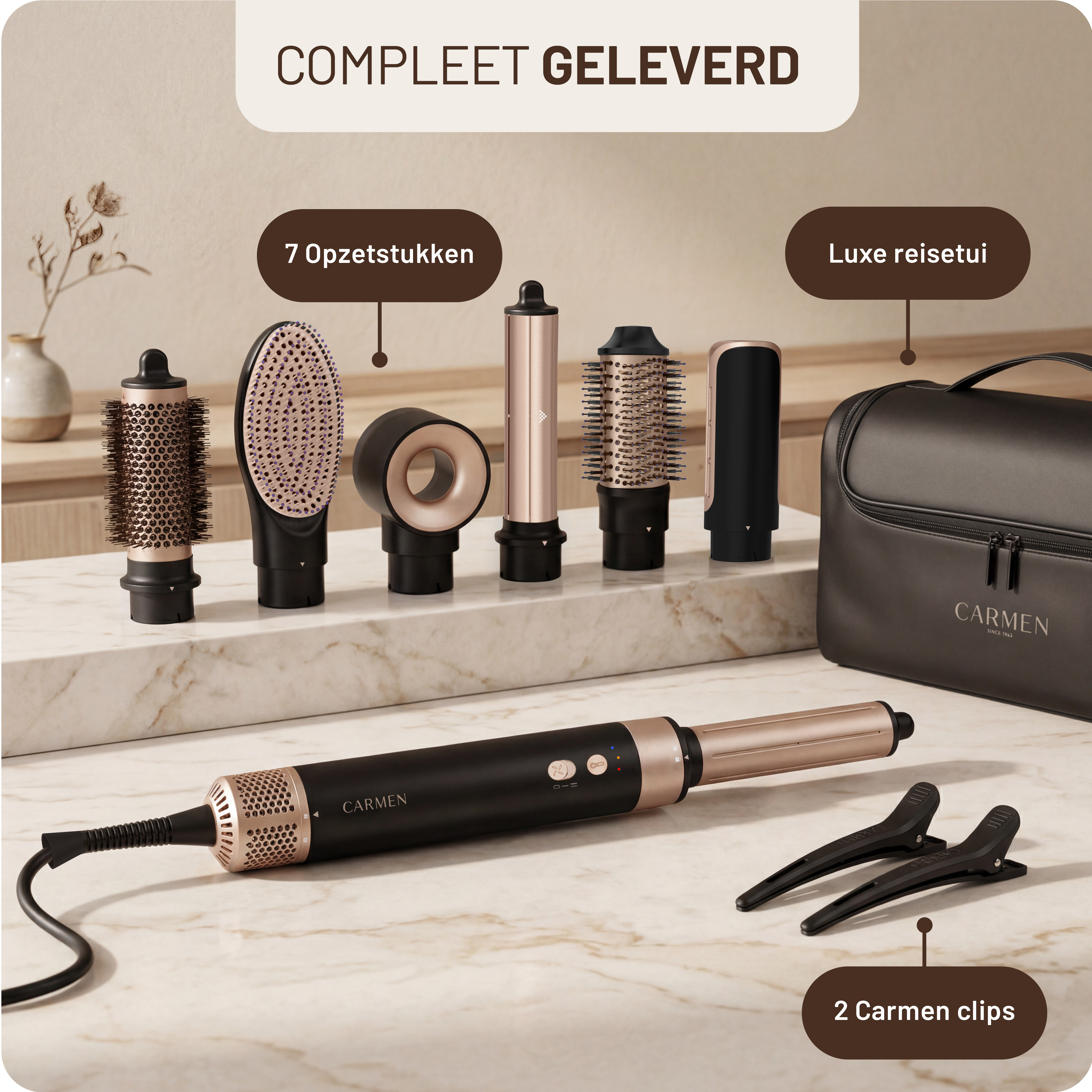 Set per capelli Carmen con sette accessori, due clip e una custodia.