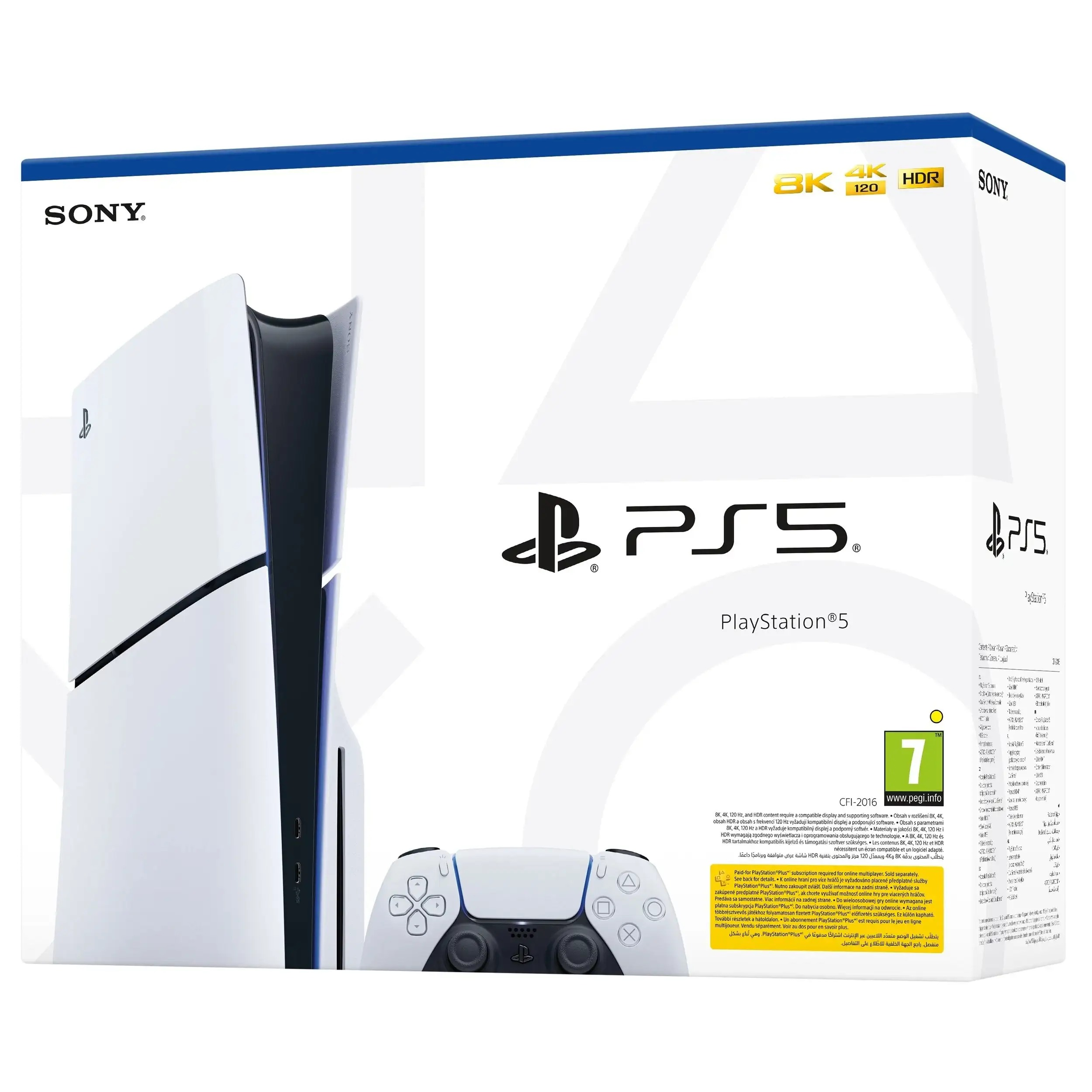 Biała konsola PlayStation 5 i kontroler na opakowaniu na białym tle.