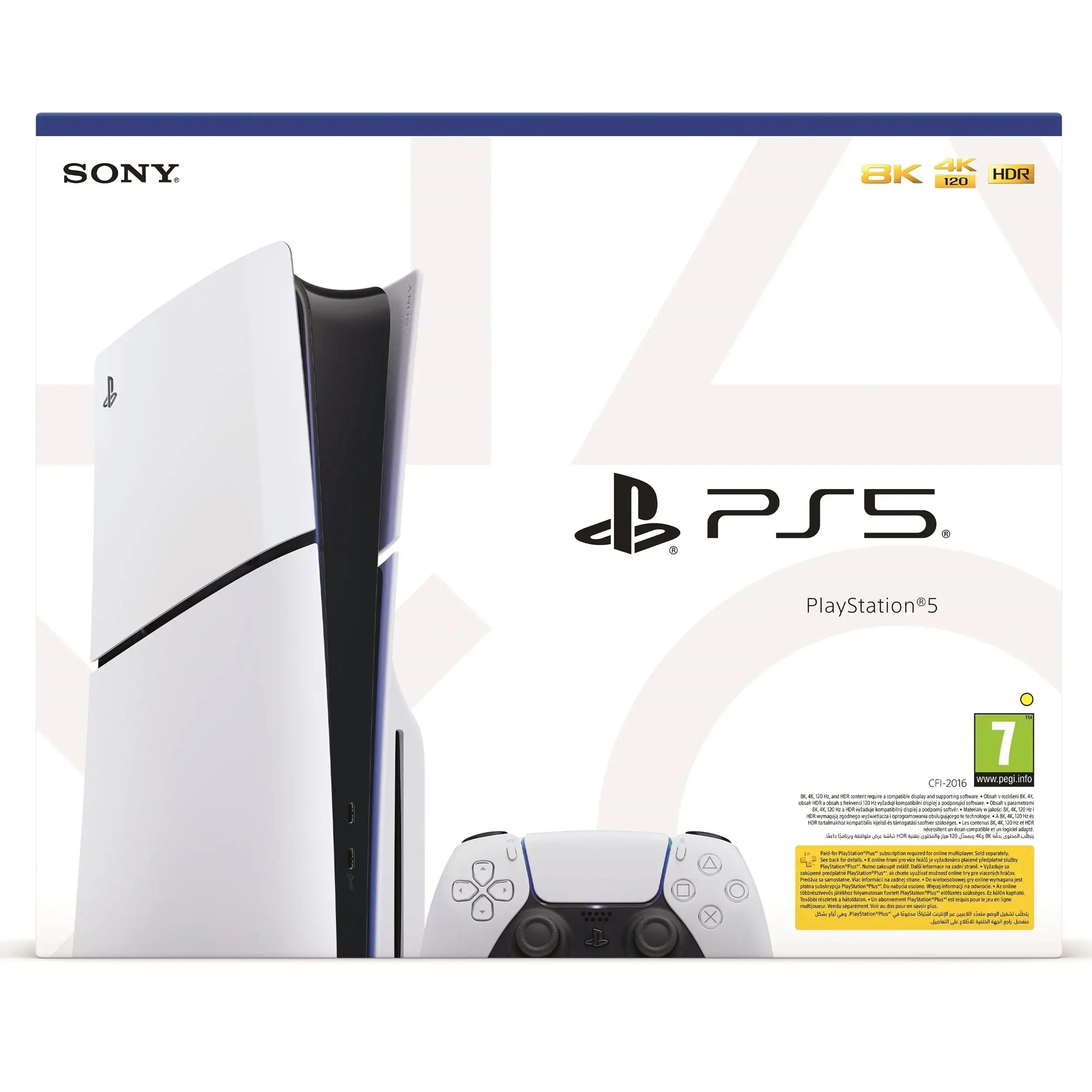 Konsola PlayStation 5 i kontroler bezprzewodowy DualSense przed białym opakowaniem.