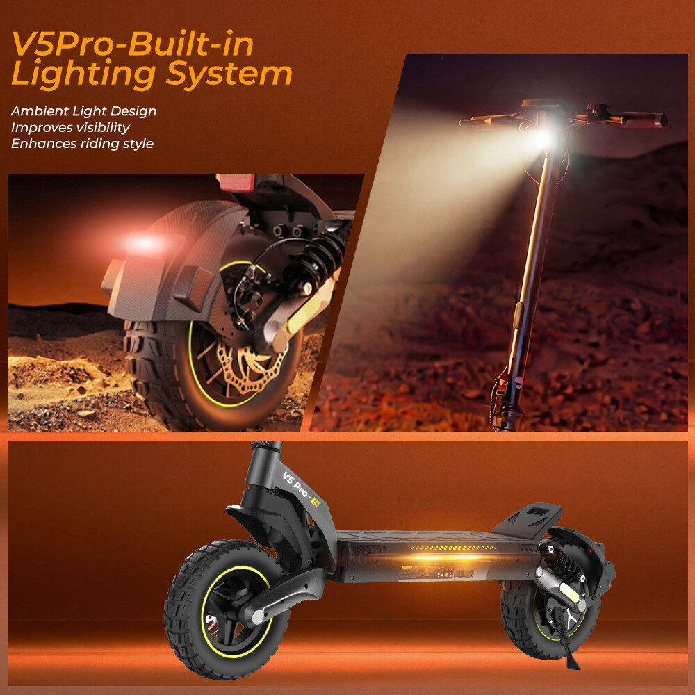 Elektrischer Scooter mit integrierter Beleuchtung, Frontscheinwerfer, Rücklicht und Seiten-LEDs.