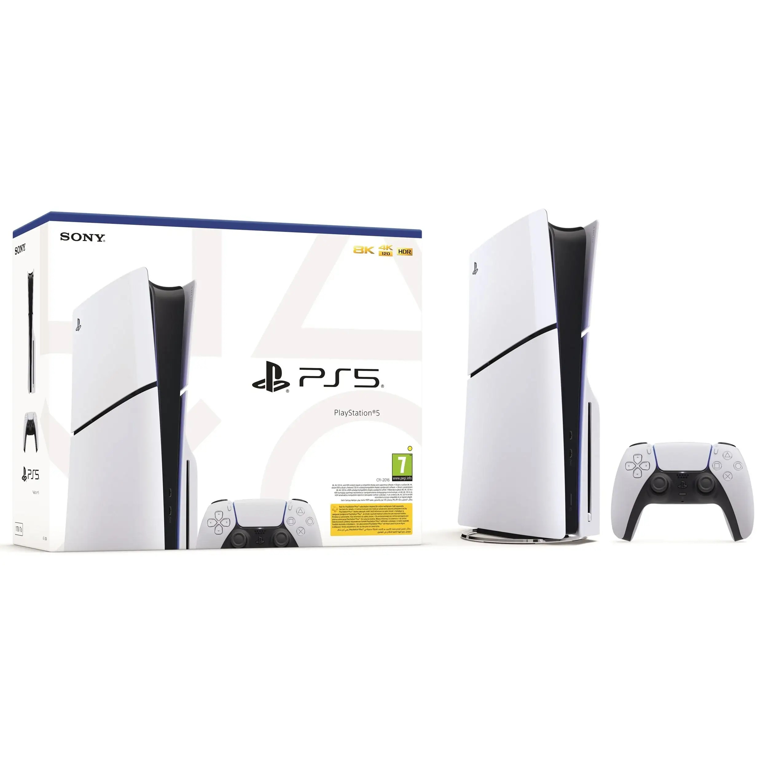 Konsola PlayStation 5, biały kontroler i pudełko na białym tle.