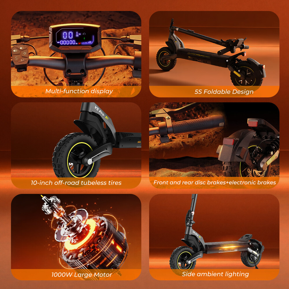 Sechs Felder zeigen E-Scooter-Details: Display, Faltrahmen, Reifen, Bremsen, Motor und Seitenbeleuchtung.