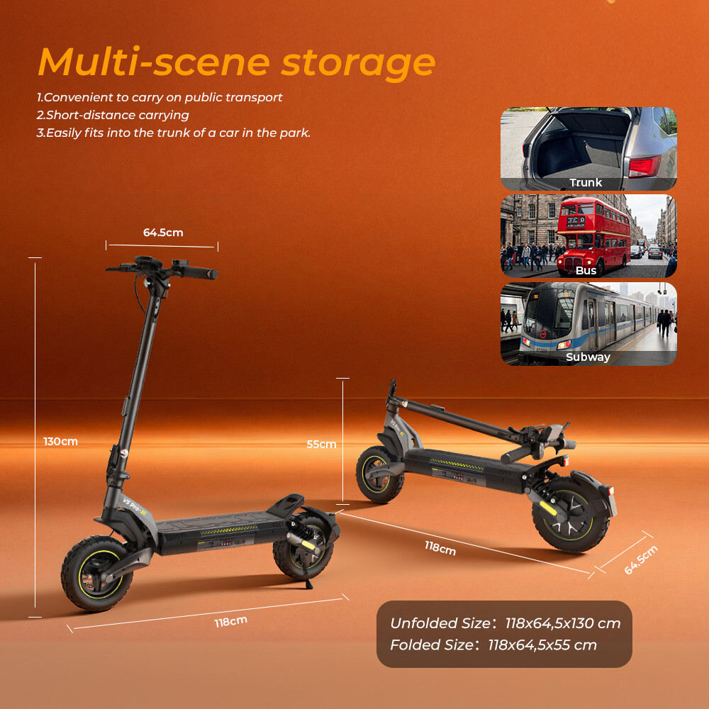 Infografik zeigt einen E-Scooter auf orangefarbenem Hintergrund, einmal aufgeklappt und einmal zusammengeklappt.
