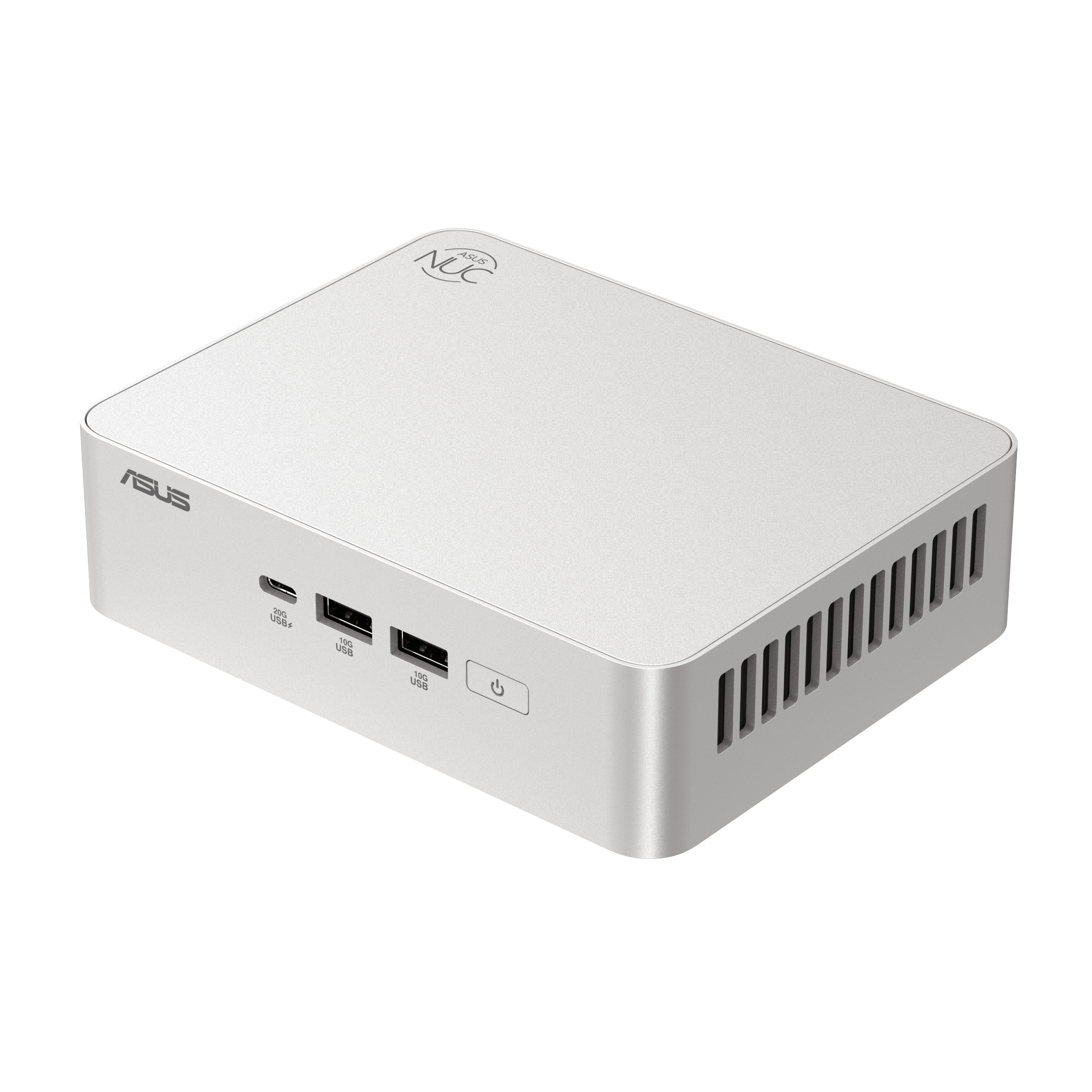 Un mini PC color argento ASUS NUC con porte USB, pulsante di accensione e feritoie di ventilazione su fondo bianco.