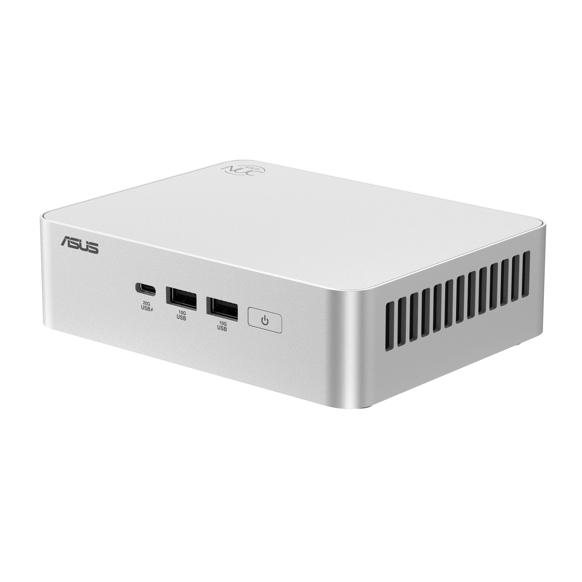 Mini PC ASUS NUC argento con porte USB e pulsante di accensione sul davanti.