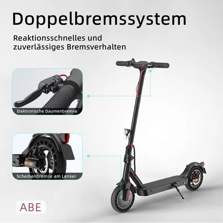 E-Scooter mit Doppelbremssystem, elektronischer Daumenbremse und Scheibenbremse.