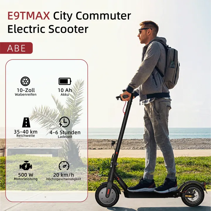 Ein Mann fährt mit einem E9TMAX E-Scooter an der Küste, links sind Produkteigenschaften aufgelistet.