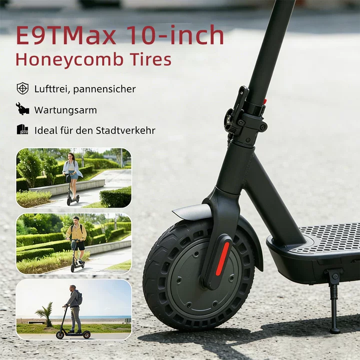 E9TMax E-Scooter mit 10-Zoll-Reifen und Textoverlays zu Eigenschaften und Fahrern.