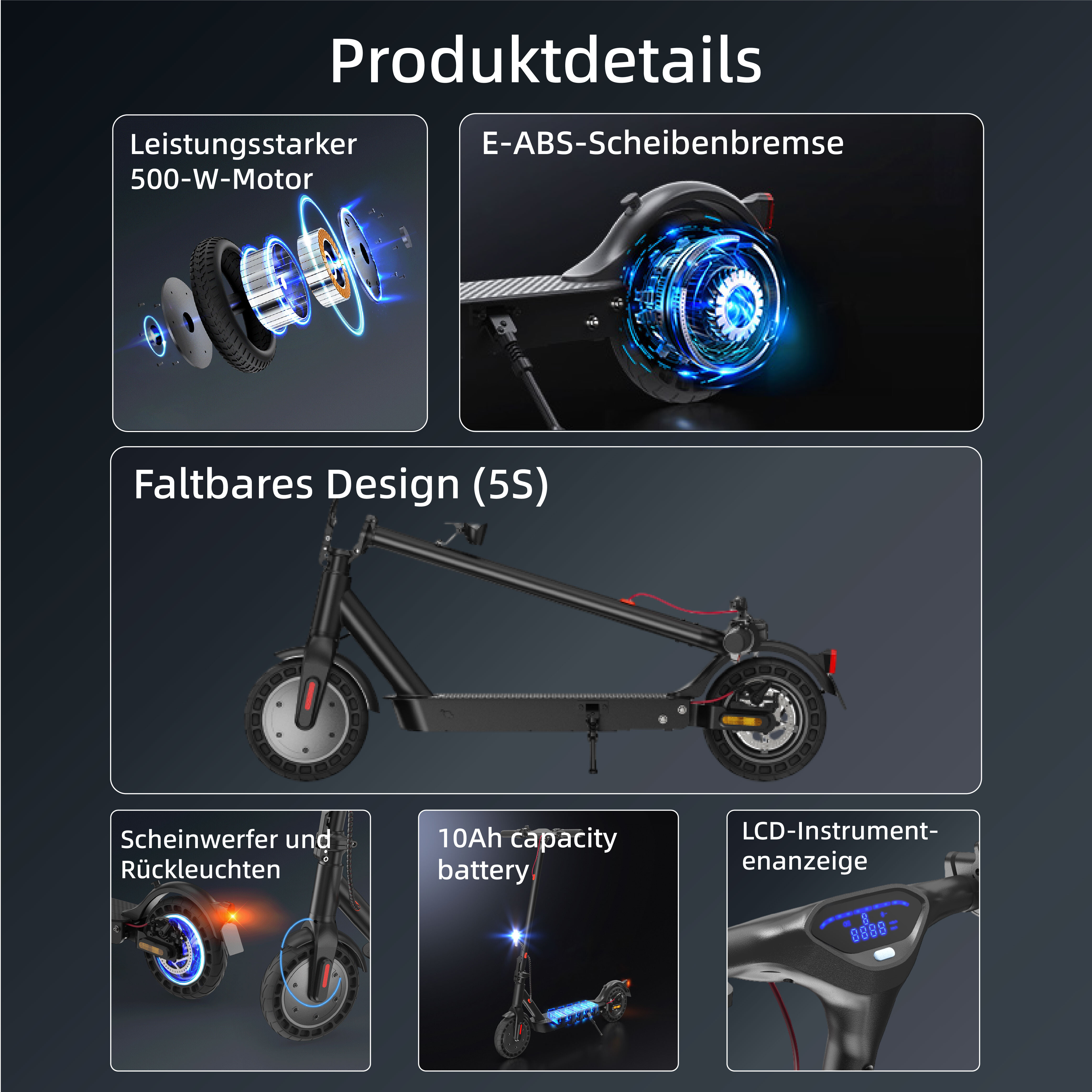 Infografik zu E-Scooter-Merkmalen wie Motor, Bremsen, Faltbarkeit, Licht, Akku und LCD-Display.