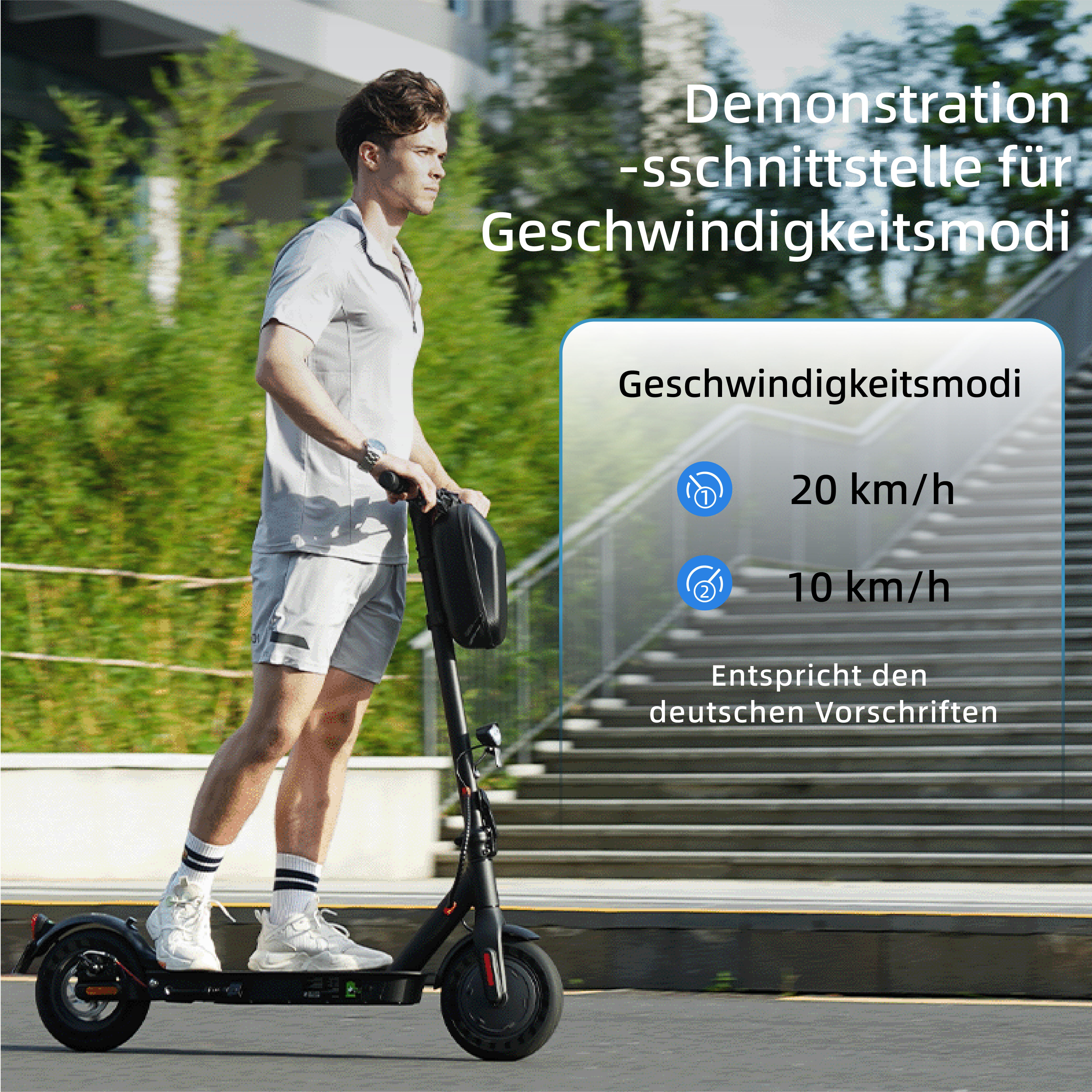 Ein Mann fährt auf einem E-Scooter vor einer Treppe, mit eingeblendeter Geschwindigkeitsanzeige.