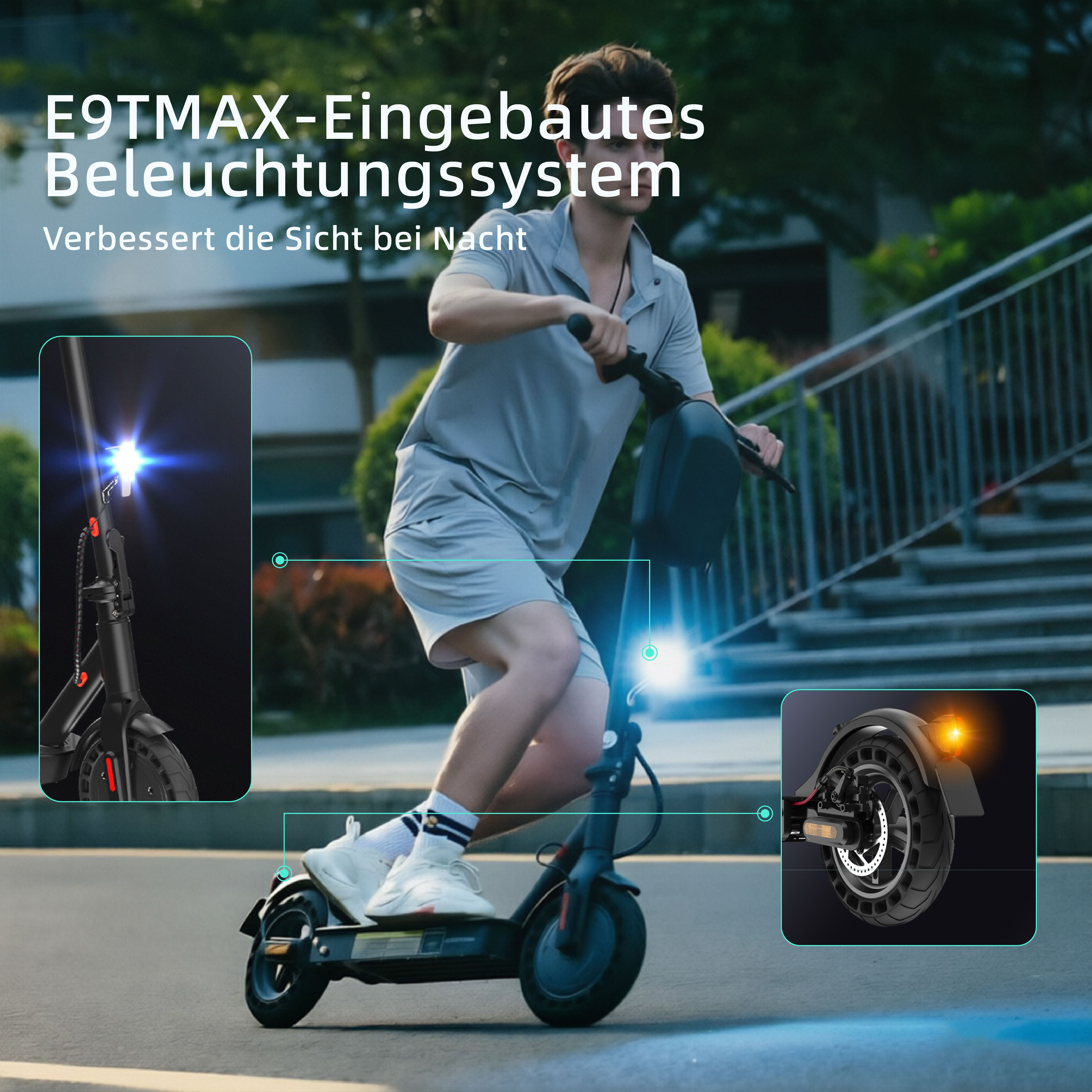 Ein Mann fährt nachts auf einem E-Scooter mit integrierten Lichtern.