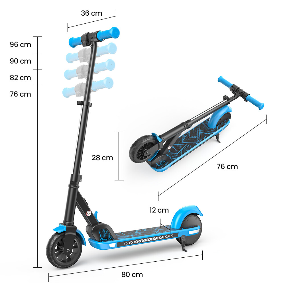Monopattino blu e nero con misure di altezza e una versione piegata che mostra le dimensioni.