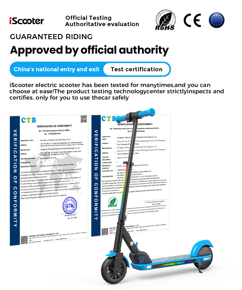 Certificati ufficiali e monopattino blu iScooter con manopole blu e illuminazione LED.