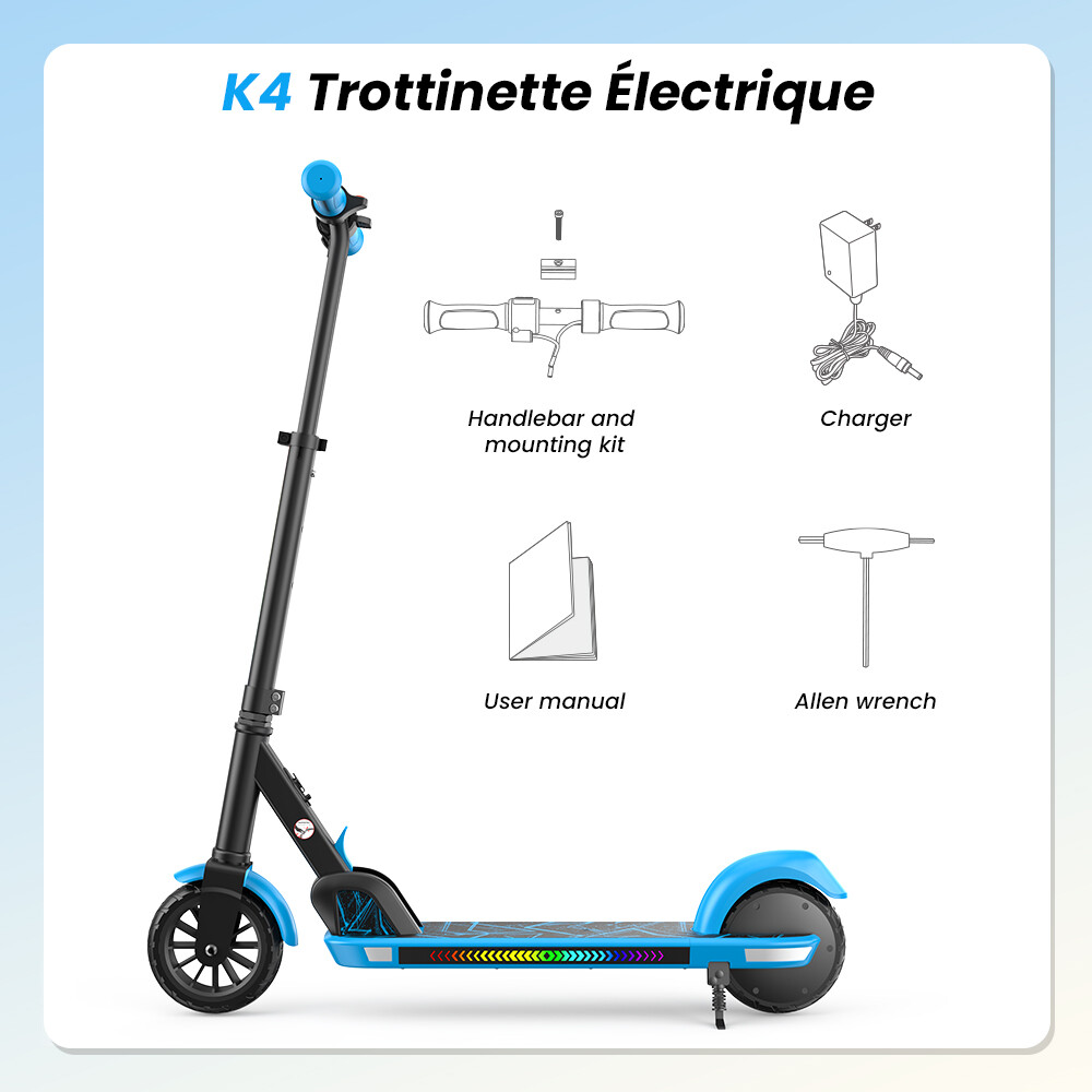 Un monopattino elettrico K4 nero e blu con diagrammi di manubrio, caricabatterie, manuale e chiave a brugola.