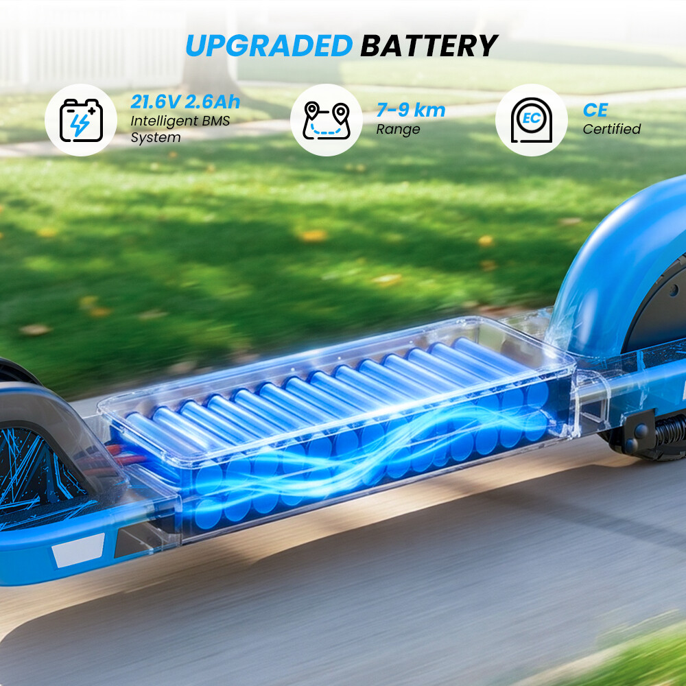 Batteria aggiornata da 21,6V con involucro trasparente e celle blu su un monopattino.