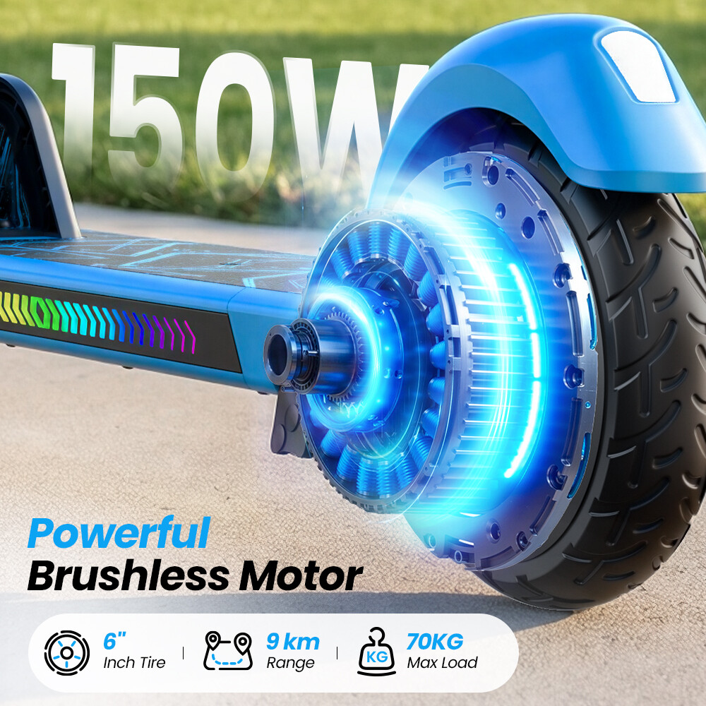 Primo piano di un monopattino elettrico con un motore brushless da 150W illuminato nella ruota.