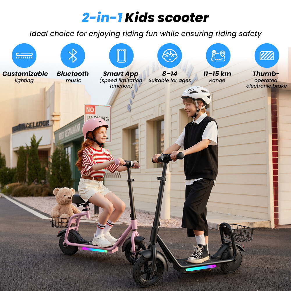 Due bambini guidano moderni monopattini elettrici davanti a uno sfondo urbano.