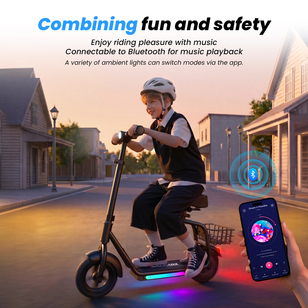 Un ragazzo guida un monopattino elettrico luminoso mentre uno smartphone mostra i controlli musicali.