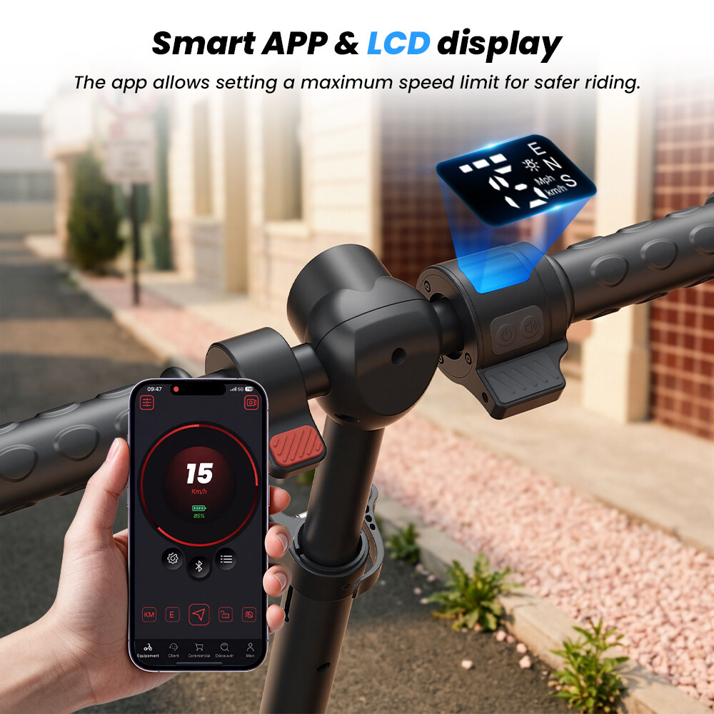 Manubrio di un monopattino elettrico con app sullo smartphone e schermo LCD.