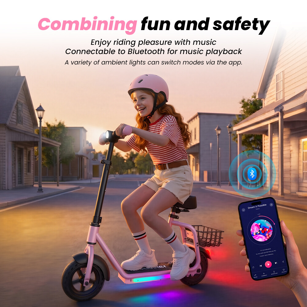 Una bambina sorridente guida un monopattino elettrico rosa in strada, collegato a un'app per smartphone.