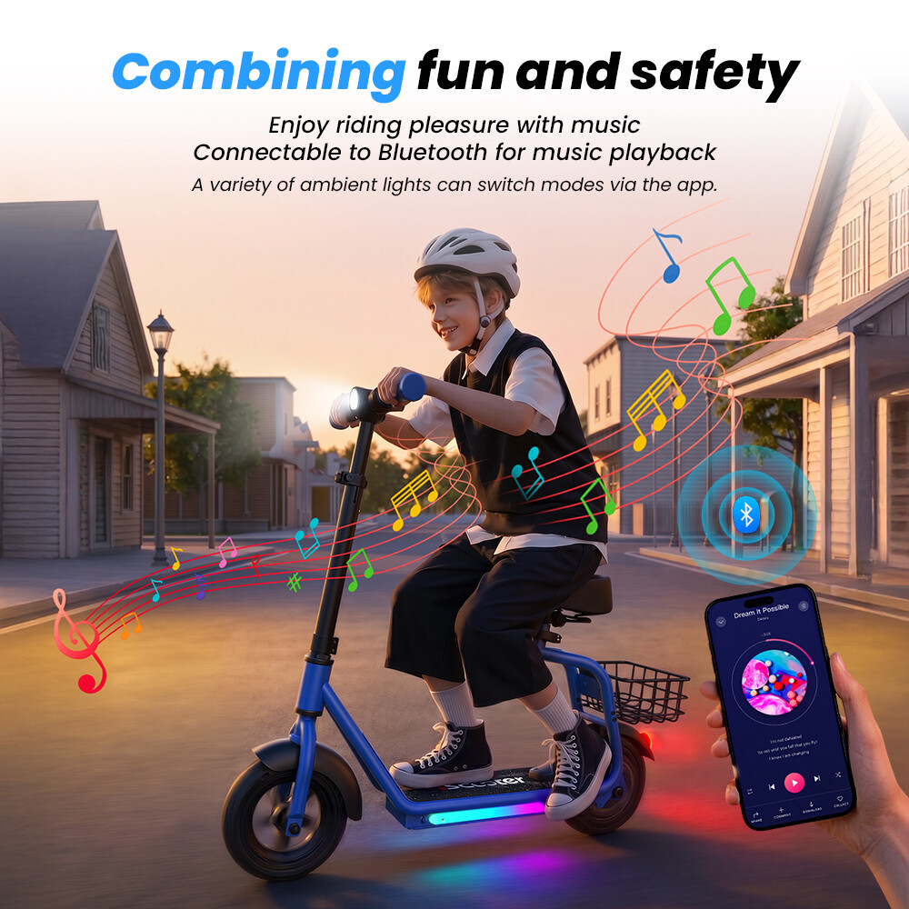 Bambino che guida un monopattino elettrico blu con luci colorate, mentre note musicali e un'app Bluetooth fluttuano sullo sfondo.