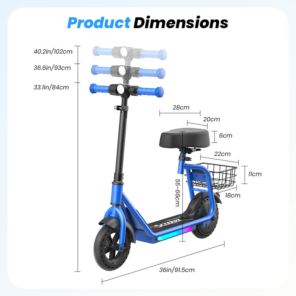 Diagramma che mostra le dimensioni di un monopattino blu per bambini con manubrio regolabile, sedile e cestino.