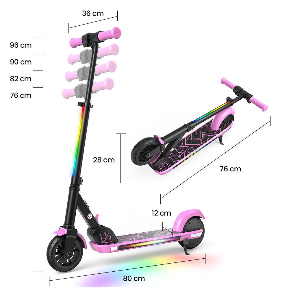 Monopattino rosa e nero per bambini con dimensioni, manubrio regolabile e luci LED.