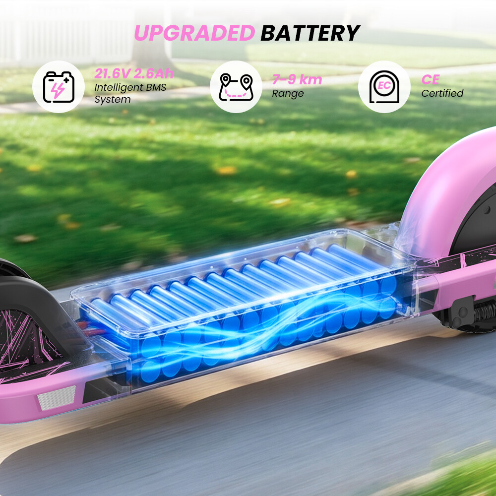 Primo piano di un monopattino elettrico rosa che evidenzia la batteria migliorata con celle blu.