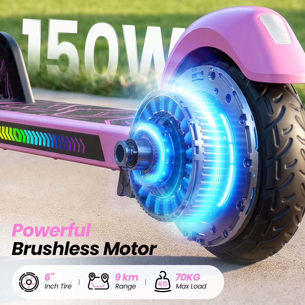 Monopattino rosa con motore da 150W illuminato, ruote da 6 pollici, autonomia 9km e carico 70kg.
