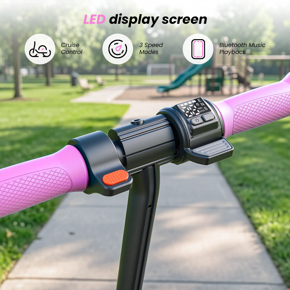 Manubrio di monopattino rosa con display digitale, acceleratore e icone per cruise control, modalità di velocità e musica.