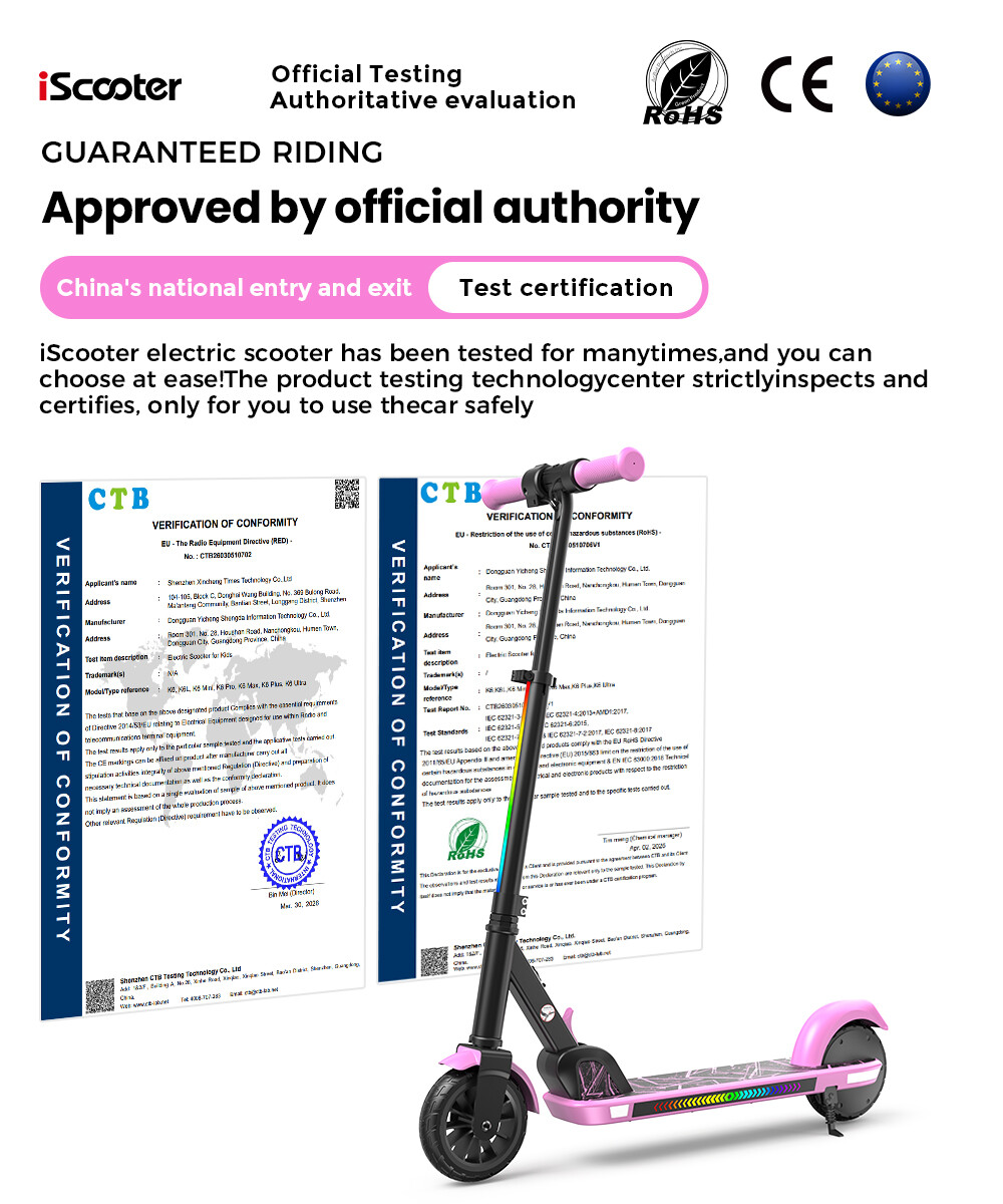 Un monopattino elettrico iScooter davanti a documenti e loghi di certificazione.