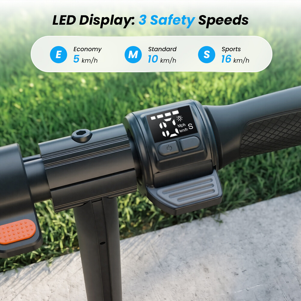 Manubrio di monopattino elettrico con display LED che mostra tre modalità di velocità: Economy (5 km/h), Standard (10 km/h) e Sports (16 km/h).