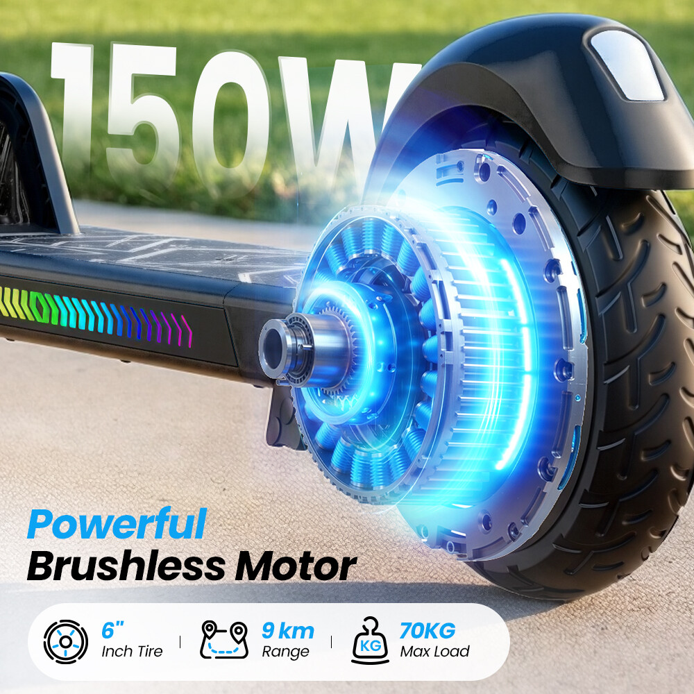 Primo piano della ruota di un monopattino elettrico con motore blu luminoso, testo 150W e specifiche.