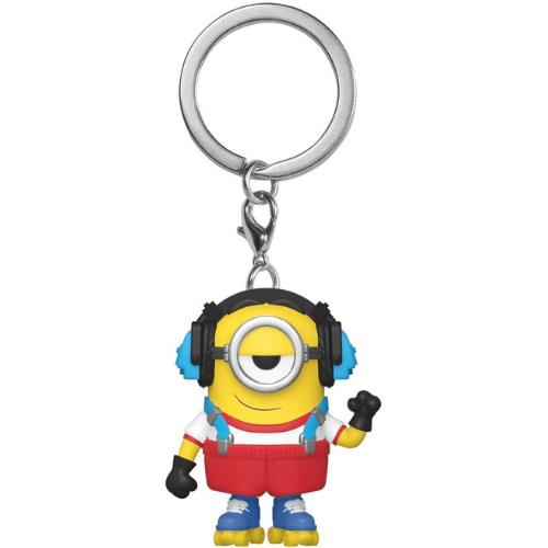 Un llavero de Minion con un personaje amarillo que lleva auriculares y peto rojo.