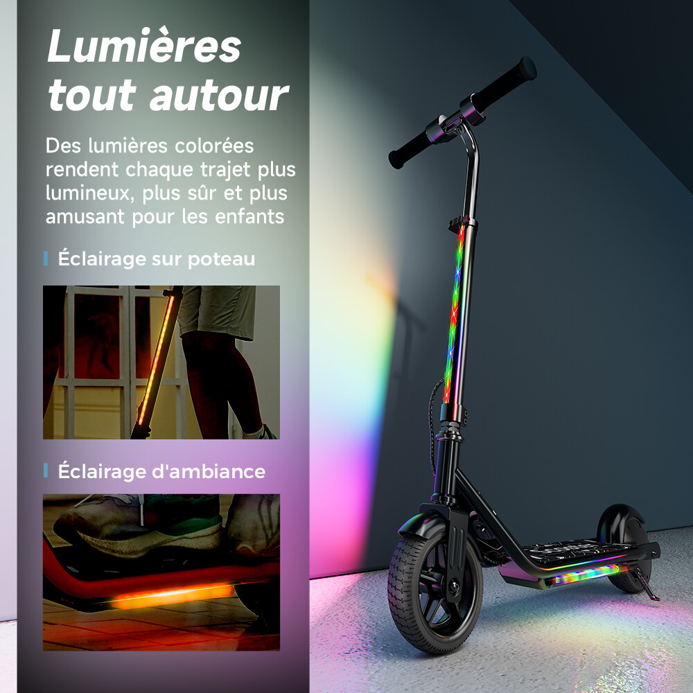 Un monopattino nero per bambini con luci LED colorate sul manubrio e sulla pedana, contro un muro.