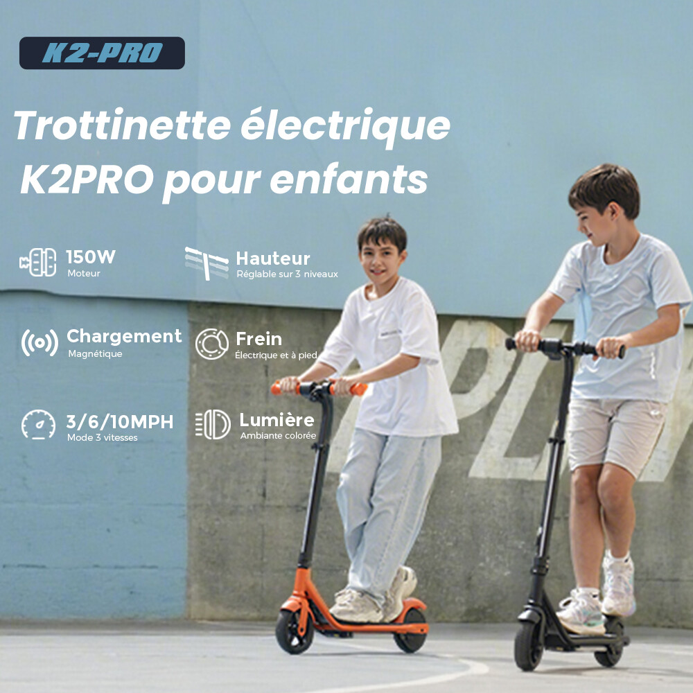 Due ragazzi guidano monopattini elettrici all'aperto, con testi su motore, freni e velocità.