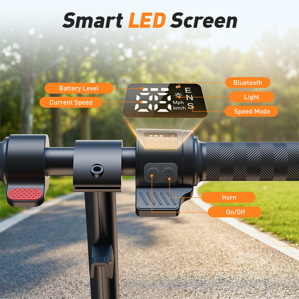 Schermo LED intelligente su un manubrio di monopattino elettrico con etichette per batteria, velocità, Bluetooth, luce e clacson.