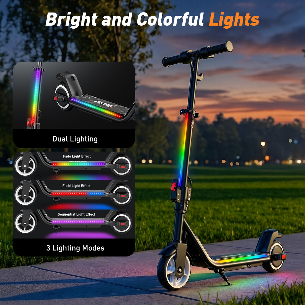 Un monopattino elettrico nero con luci LED colorate parcheggiato su un marciapiede al tramonto.
