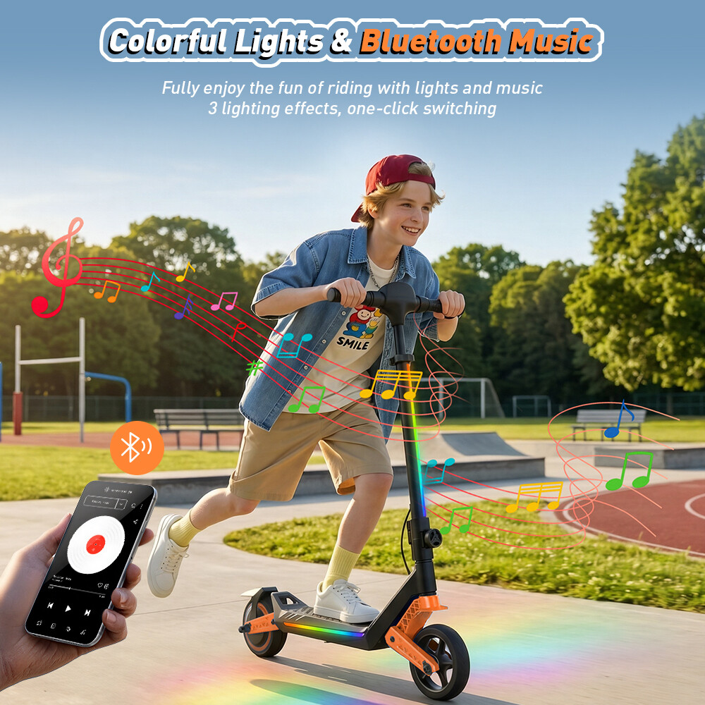 Un ragazzo guida un monopattino illuminato all'aperto, con note musicali colorate e uno smartphone.