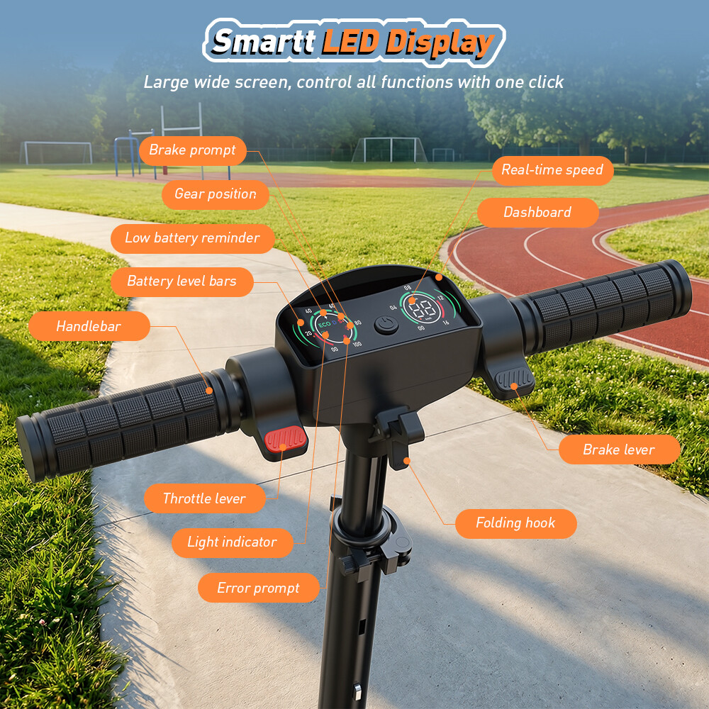 Manubrio di monopattino elettrico con display LED smart e funzioni etichettate.