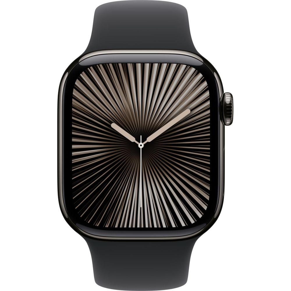 Eine schwarze Smartwatch mit einem eleganten Gehäuse und einem Zifferblatt mit strahlendem Sternenmuster.