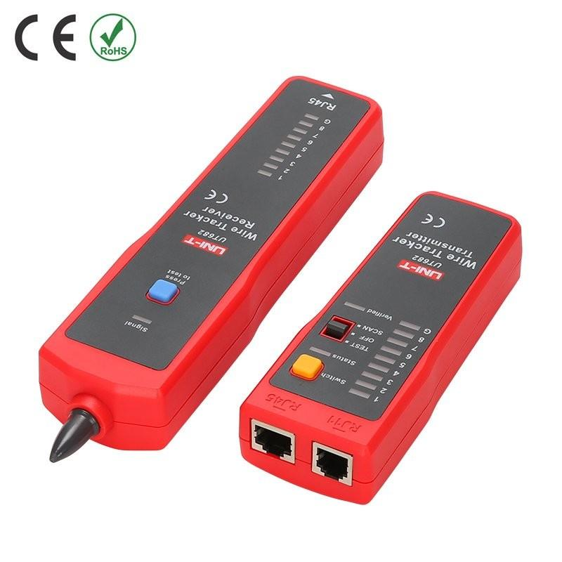 Beyaz arka planda RJ45 ve RJ11 bağlantı noktalarına sahip kırmızı UT682 kablo takip cihazı alıcısı ve vericisi.
