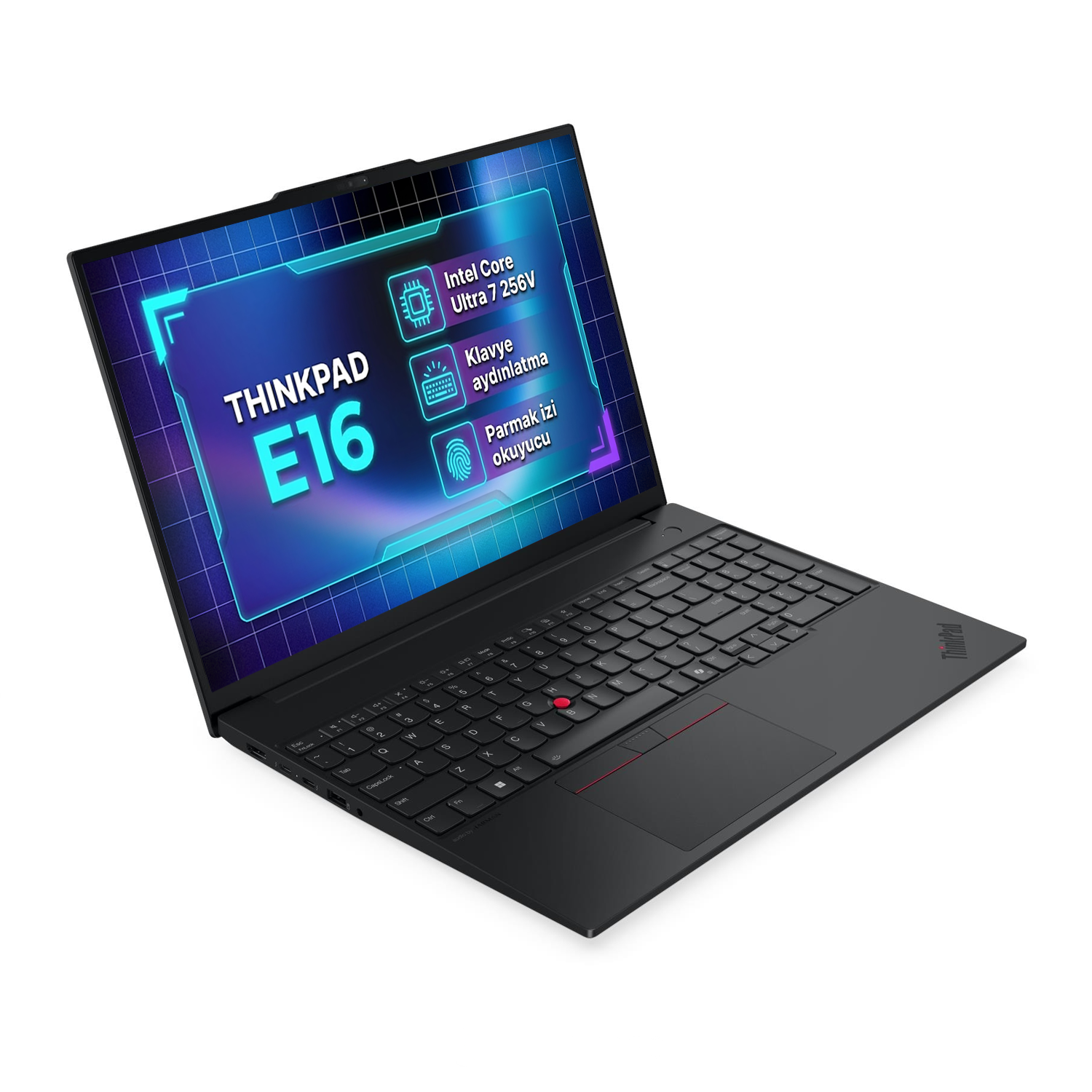 Mavi ekran grafikli siyah ThinkPad E16 dizüstü bilgisayar, klavye ve kırmızı TrackPoint.
