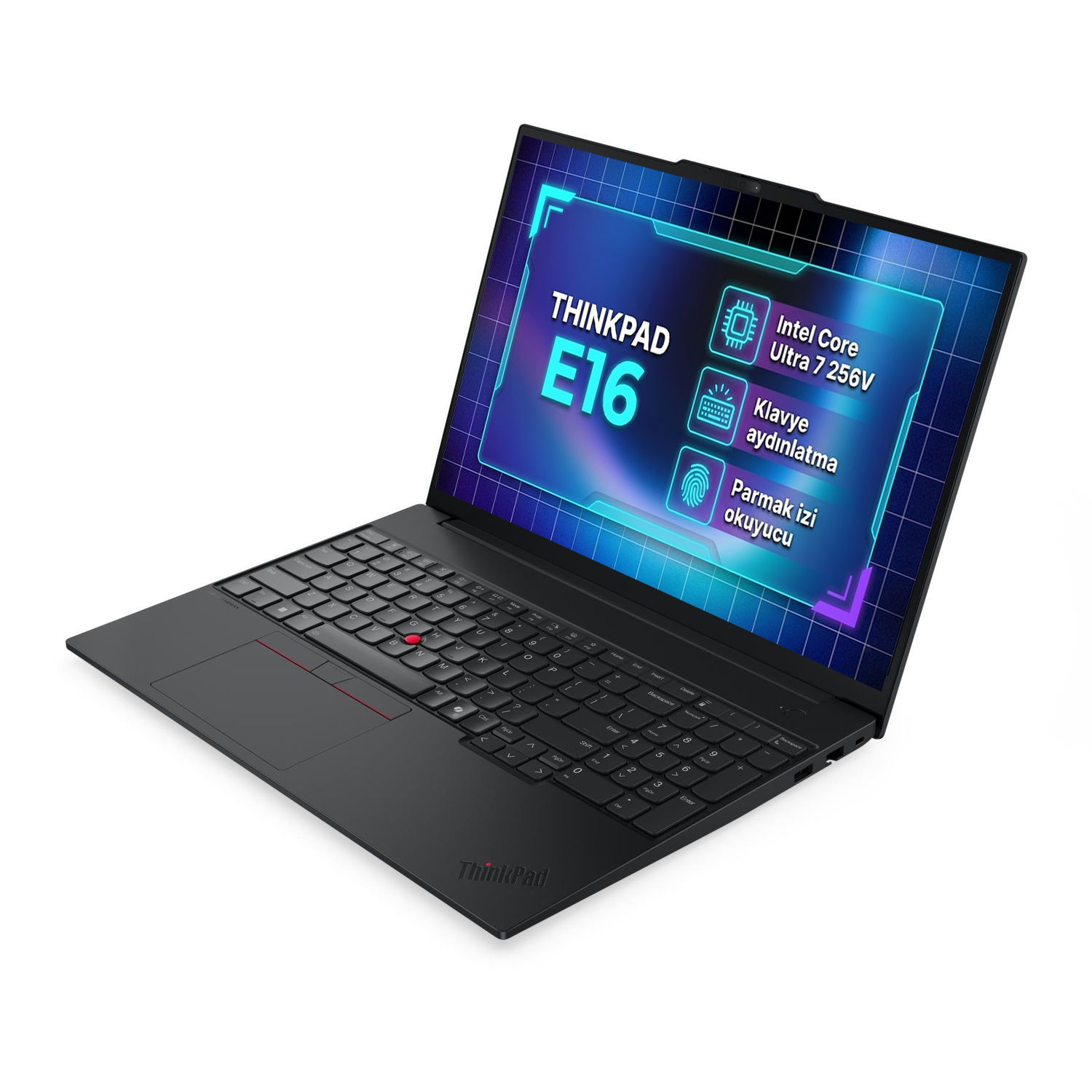 Teknik özellikleri gösteren mavi ekranlı siyah ThinkPad E16 dizüstü bilgisayar.