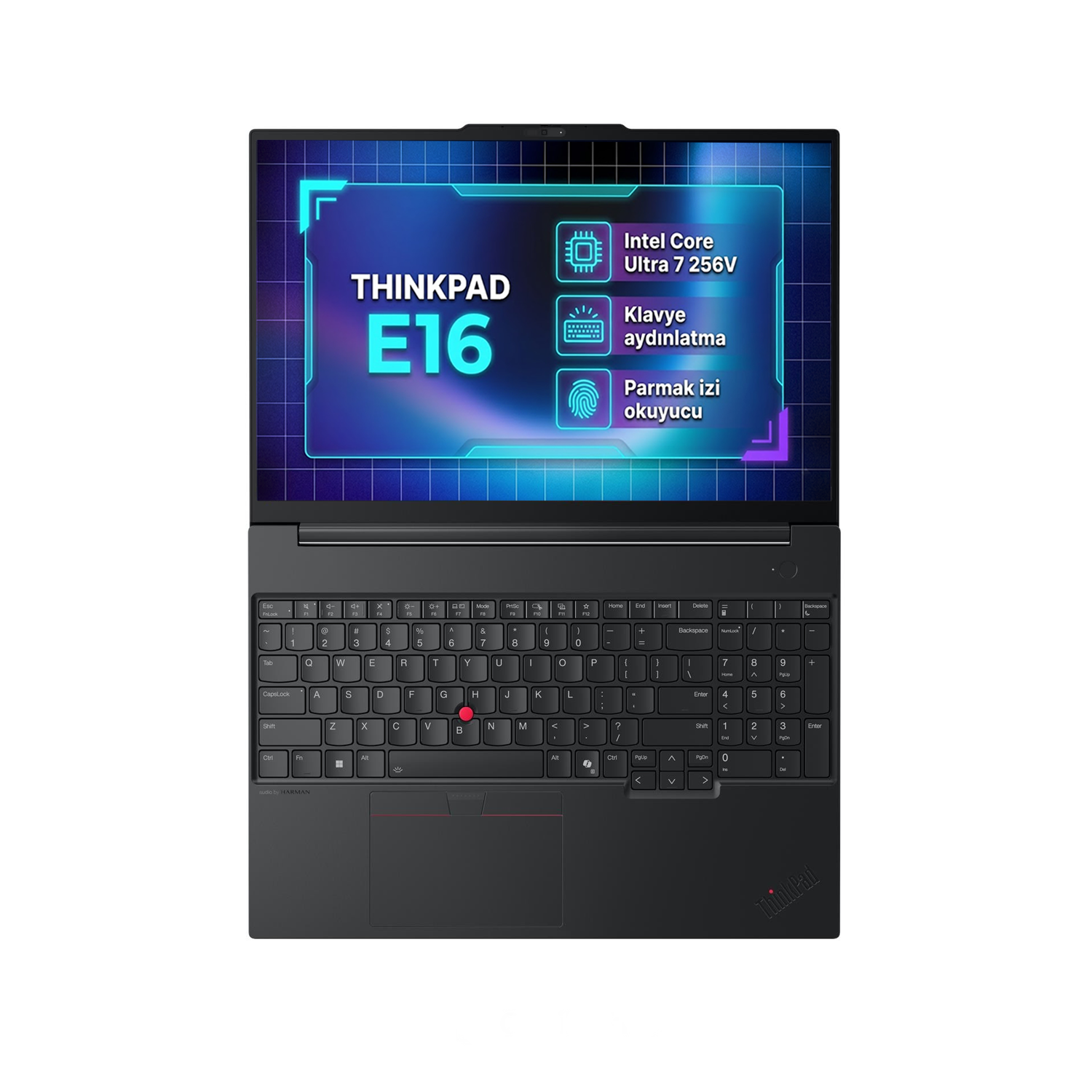 Yukarıdan bakılan siyah ThinkPad E16 dizüstü bilgisayar, ekranda özellikler ve tam klavye.