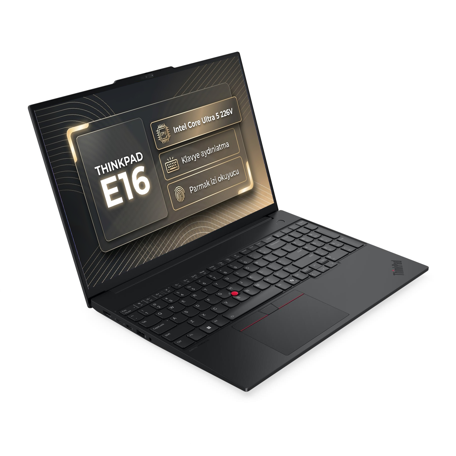 Siyah bir ThinkPad E16 dizüstü bilgisayar çapraz olarak duruyor, ekranında özellikler ve klavye var.